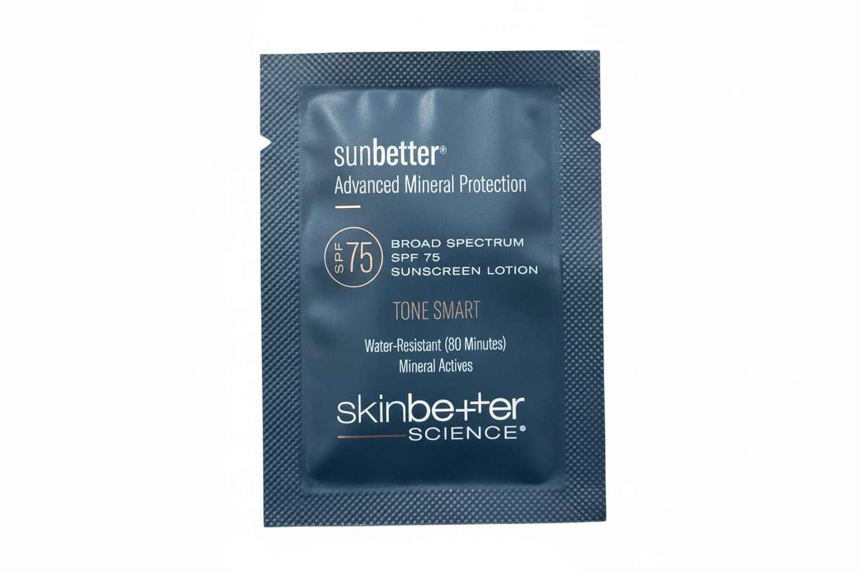 Blue packet of sunbetter sunscreen on a white background