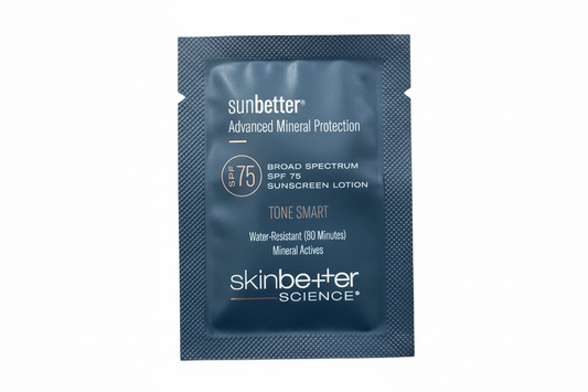 Blue packet of sunbetter sunscreen on a white background