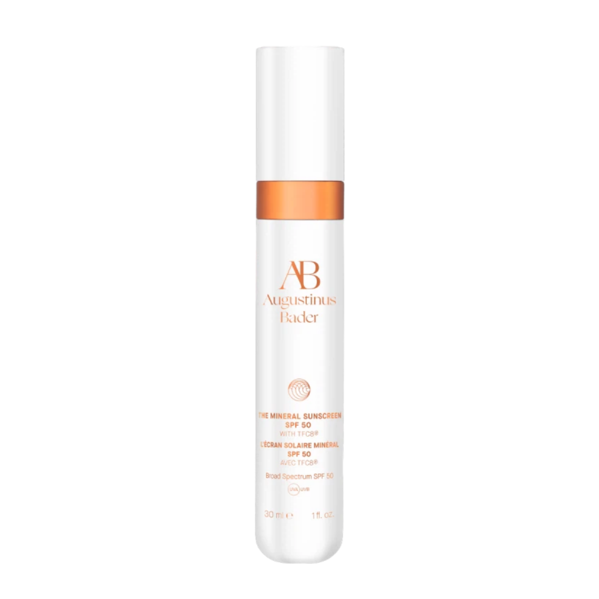 Augustinus Bader The Mineral Sunscreen SPF 50 bottle with white and copper packaging