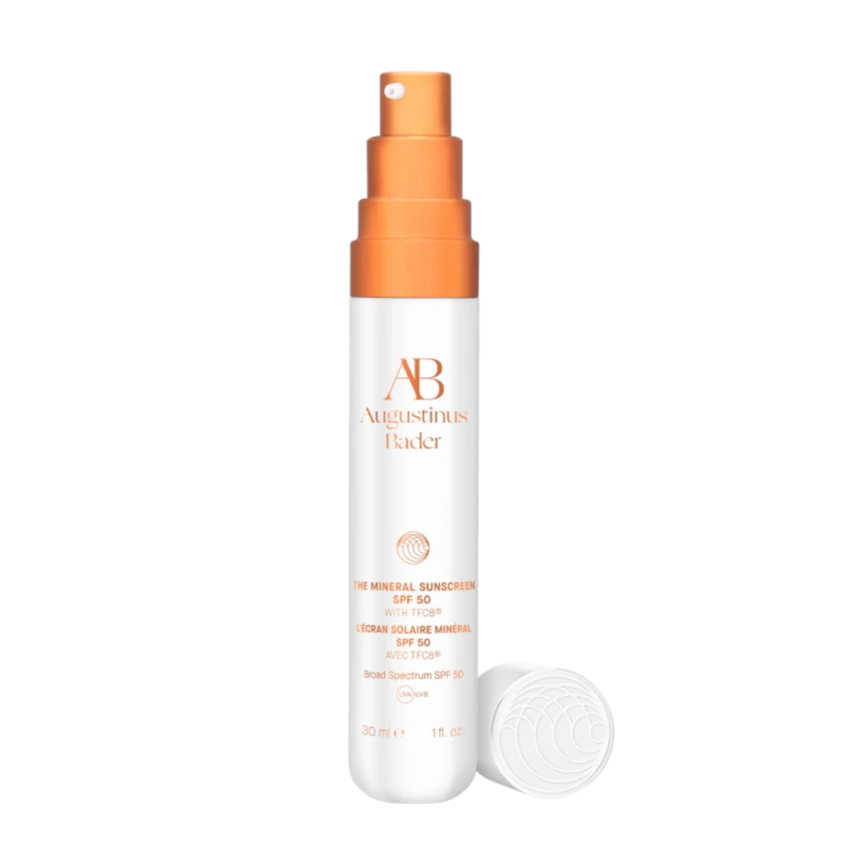 Augustinus Bader The Mineral Sunscreen SPF 50 bottle with orange pump and white cap