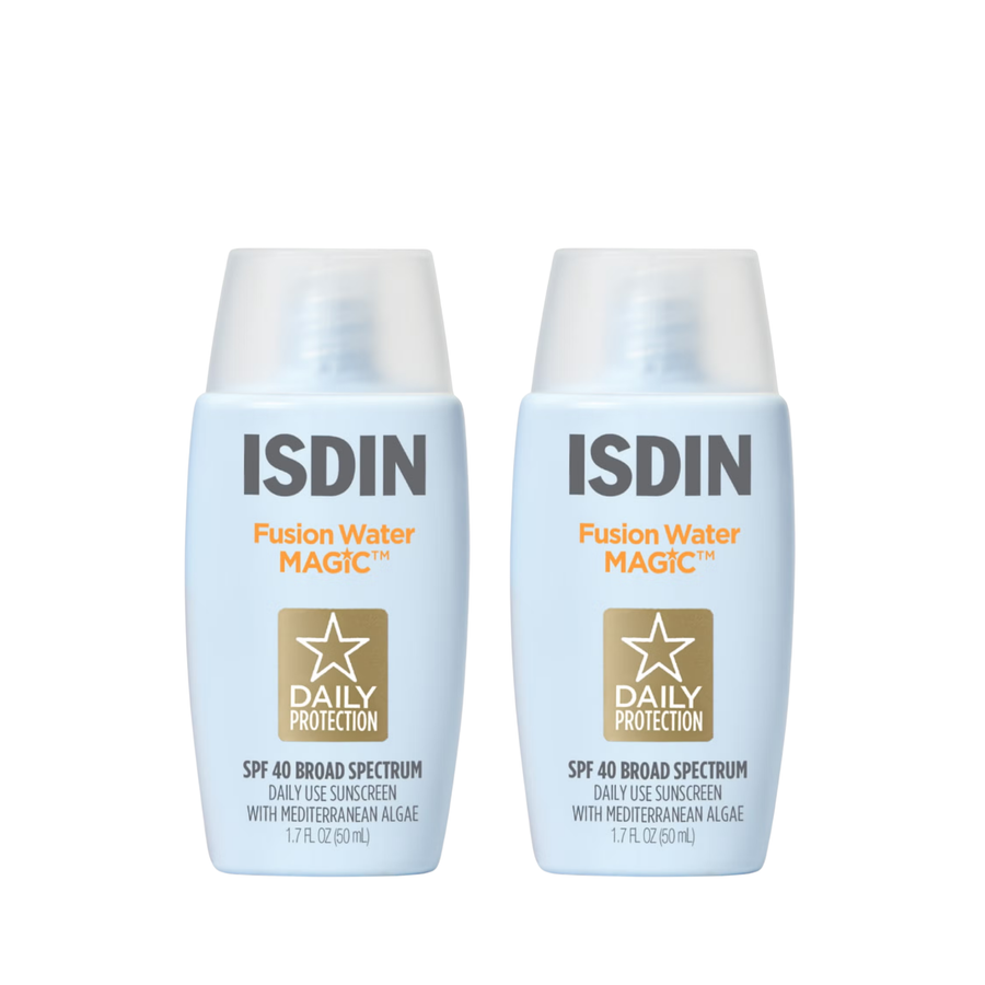 Two ISDIN Fusion Water MAGIC SPF 40 sunscreen bottles, daily broad spectrum with Mediterranean algae