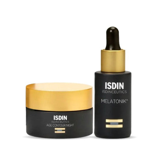 ISDIN Night Repair Duo with Melatonik serum and Age Contour Night cream in black and gold jars