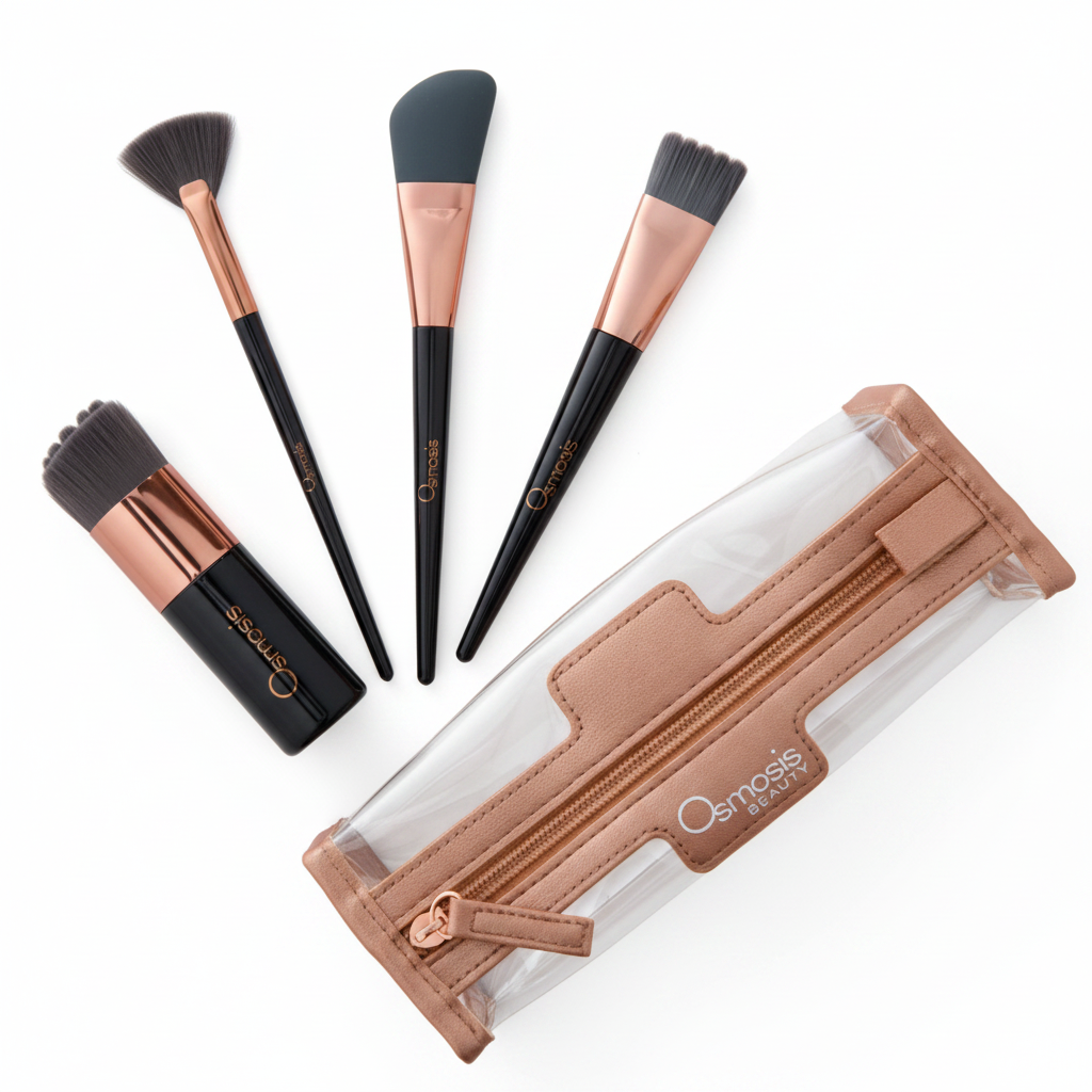 Osmosis Full Skincare Brush Set - Cleansing Kabuki, Sculpting Silicone, Stimulating Scallop and Feathering Fan brushes with clear zippered Osmosis Beauty travel pouch