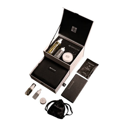 Epicutis Skincare Simplified Holiday Set box with full-size and travel-size Oil Cleanser, Lipid Serum and Hyvia Crème