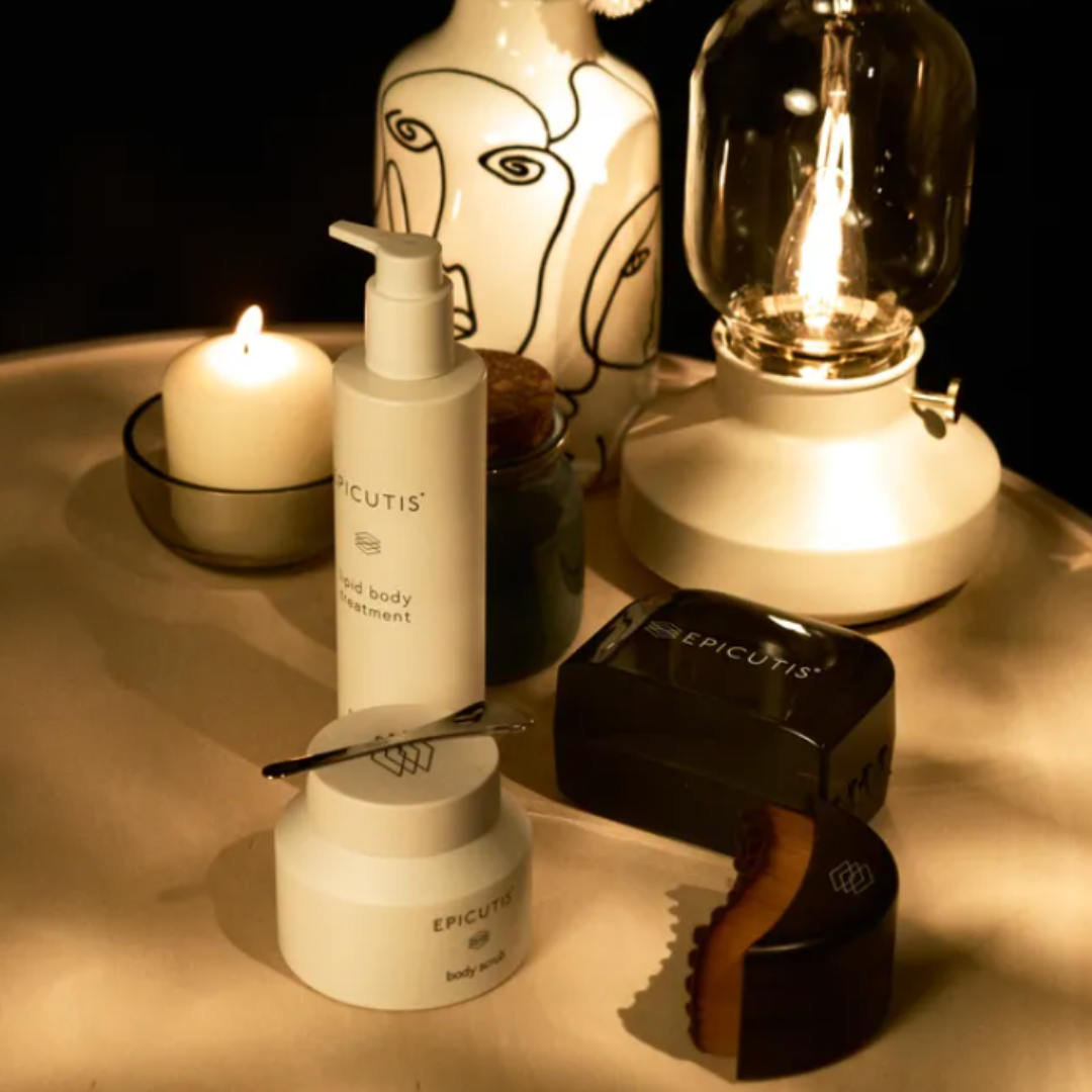 Epicutis Lipid Body Treatment, Body Scrub and The Lymphatic Brush by Cecily Braden from the Bodycare Simplified Set