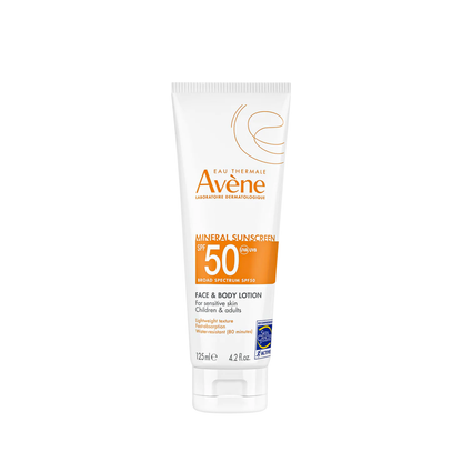 Avene mineral sunscreen lotion tube on a white background