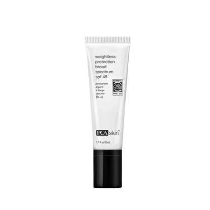 Tube of PCA Skin weightless protection broad spectrum SPF 45 on a white background