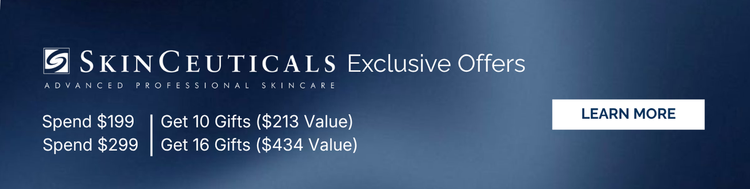 SkinCeuticals promotional banner with exclusive offers on a blue background
